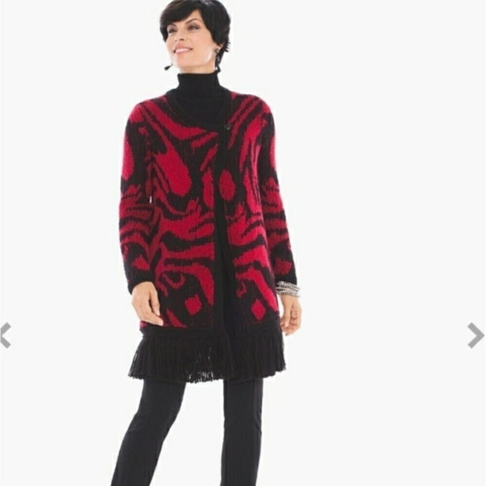 Chico's Agatha Cardigan/ Dress Red Black Fringe Long-Sleeve Thick Size 2 / Large